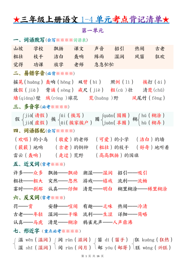 25秋新版三年级上册语文期中复习1-4单元重点考点背记清单-宝库盒教辅资料站