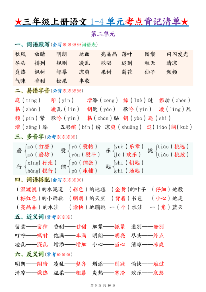 图片[5]-25秋新版三年级上册语文期中复习1-4单元重点考点背记清单-宝库盒教辅资料站