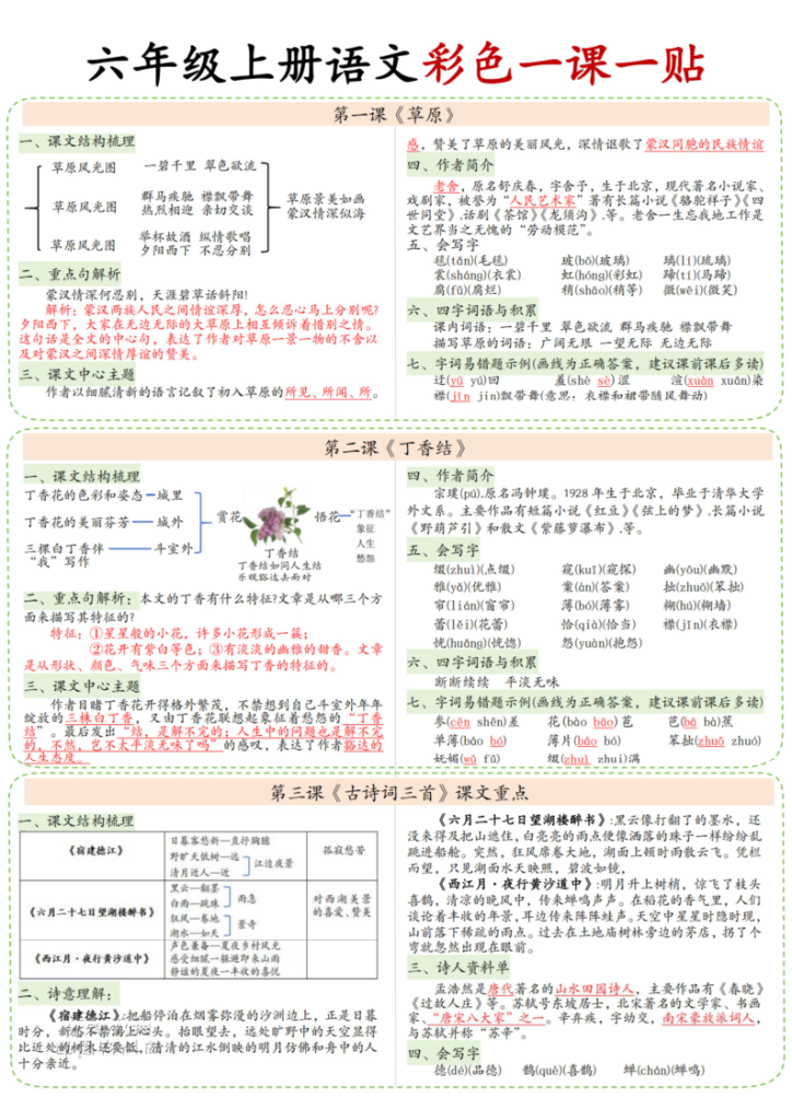 六年级上册语文知识点课课贴-宝库盒教辅资料站
