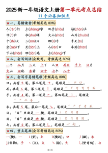 25秋一年级（上）语文1-4单元考点总结-宝库盒教辅资料站
