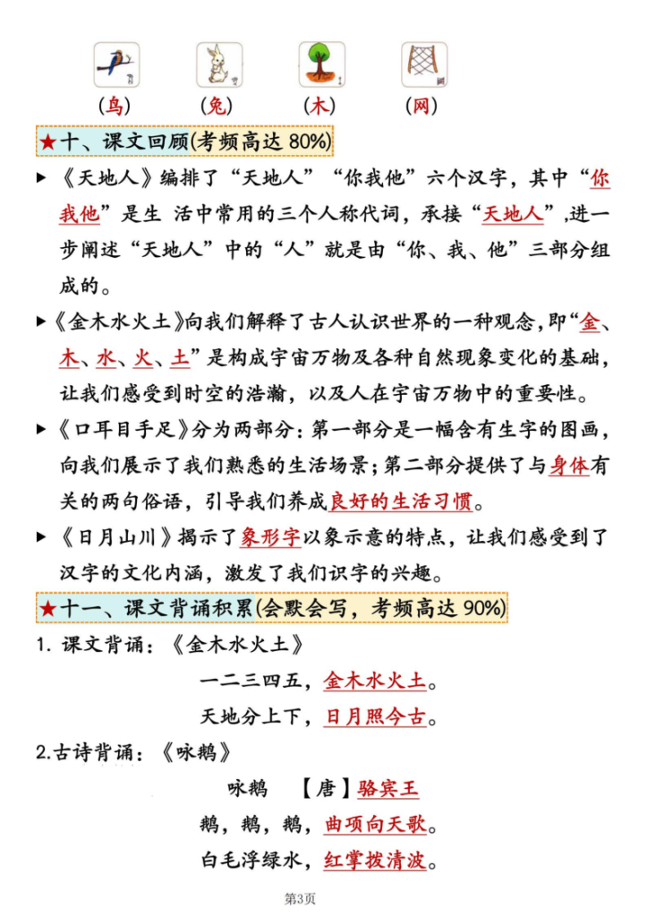 图片[3]-25秋一年级（上）语文1-4单元考点总结-宝库盒教辅资料站