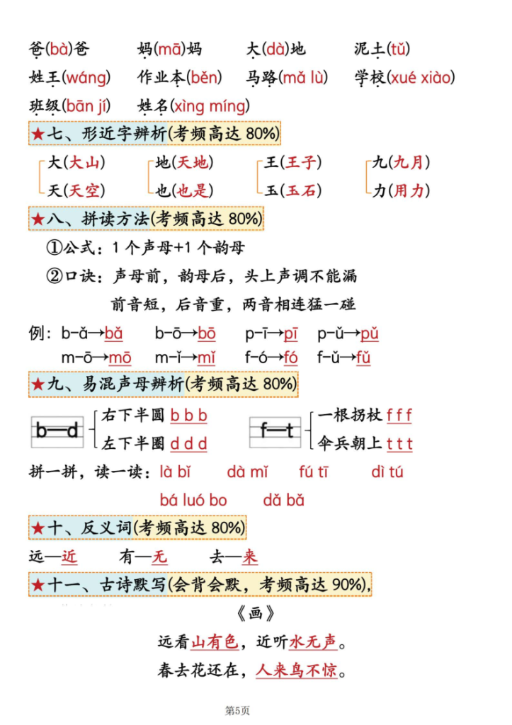 图片[5]-25秋一年级（上）语文1-4单元考点总结-宝库盒教辅资料站