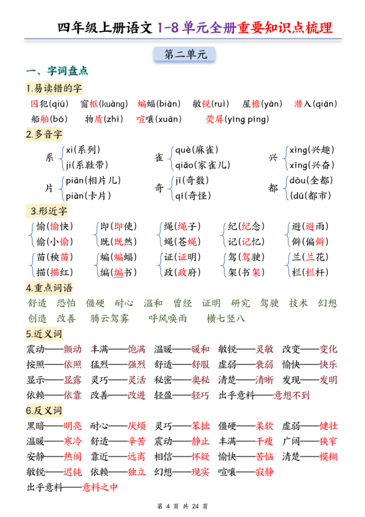 图片[4]-四年级上册语文1-8单元全册重要知识点梳理-宝库盒教辅资料站