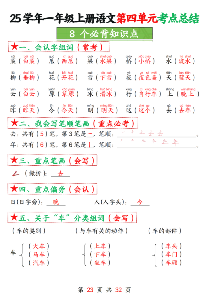一年级上册语文第四单元考点总结8个必背知识点-宝库盒教辅资料站