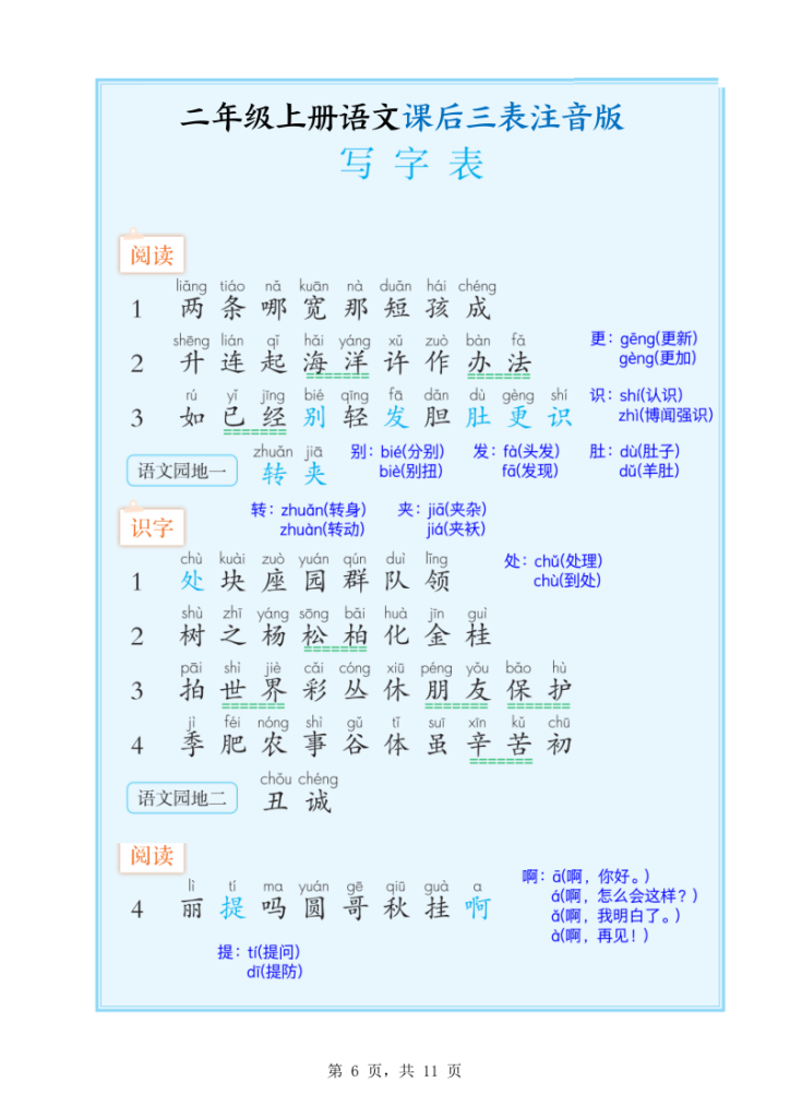 图片[6]-二年级上册语文课后三表注音版（识字表+写字表+词语表）-宝库盒教辅资料站