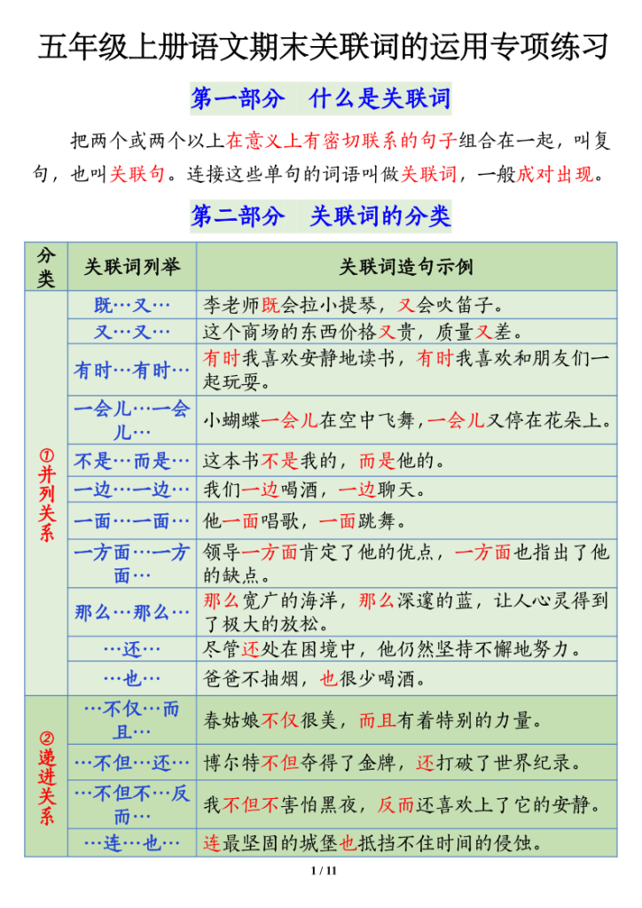部编版五年级上册语文期末关联词语的运用专项练习-宝库盒教辅资料站