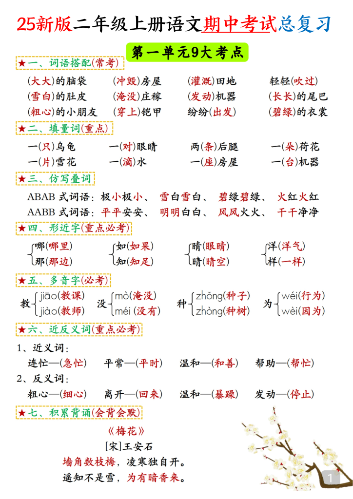 25新版二年级上册语文期中考试总复习高频考点汇总-宝库盒教辅资料站