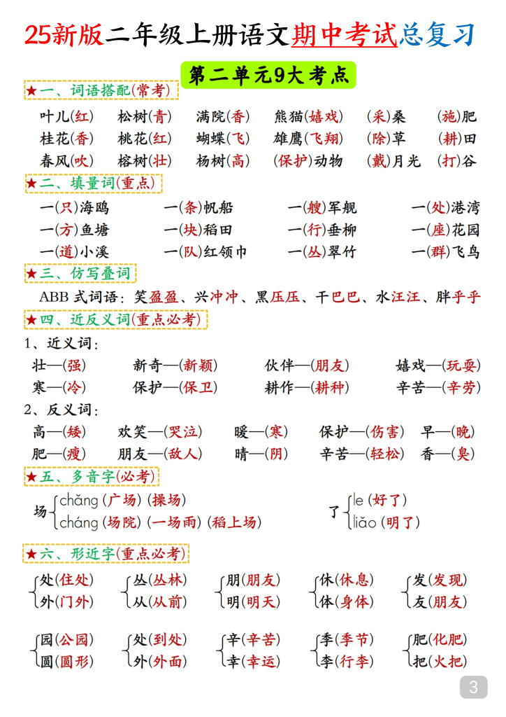 图片[3]-25新版二年级上册语文期中考试总复习高频考点汇总-宝库盒教辅资料站