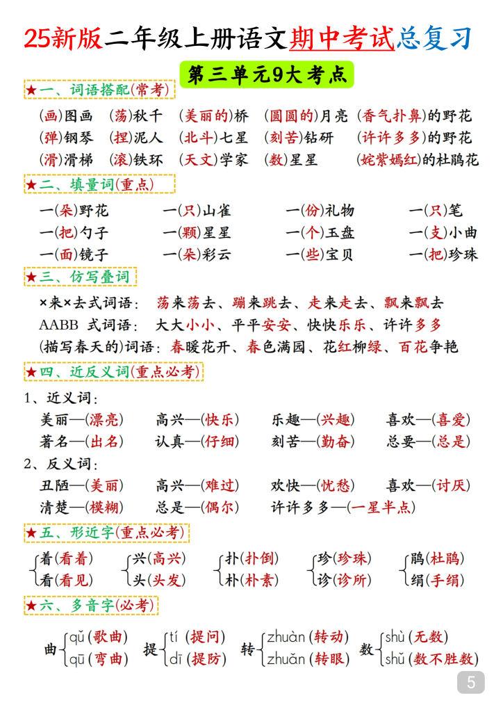 图片[5]-25新版二年级上册语文期中考试总复习高频考点汇总-宝库盒教辅资料站