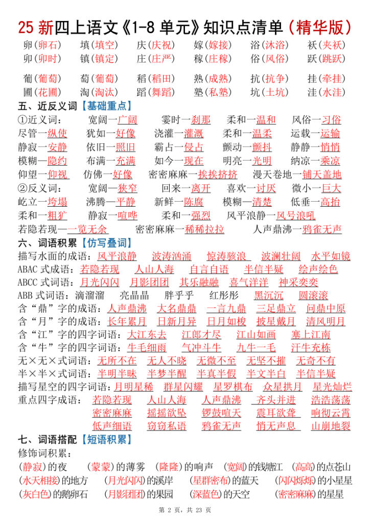 图片[2]-四年级上册统编版语文1-8单元知识点清单（精华版）九大核心考点-宝库盒教辅资料站