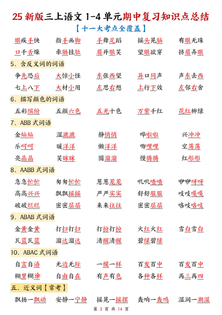 图片[3]-25新三年级上册语文1-4单元期中复习知识点总结（十一大考点）-宝库盒教辅资料站