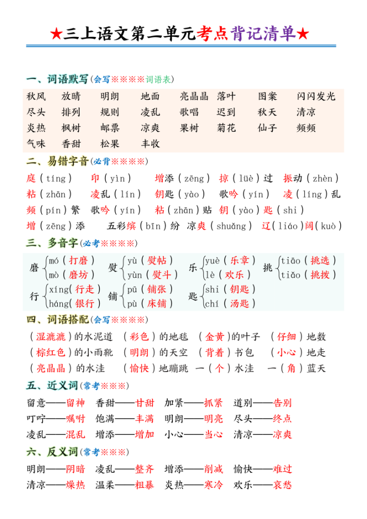 三年级上册语文第二单元考点背记清单-宝库盒教辅资料站