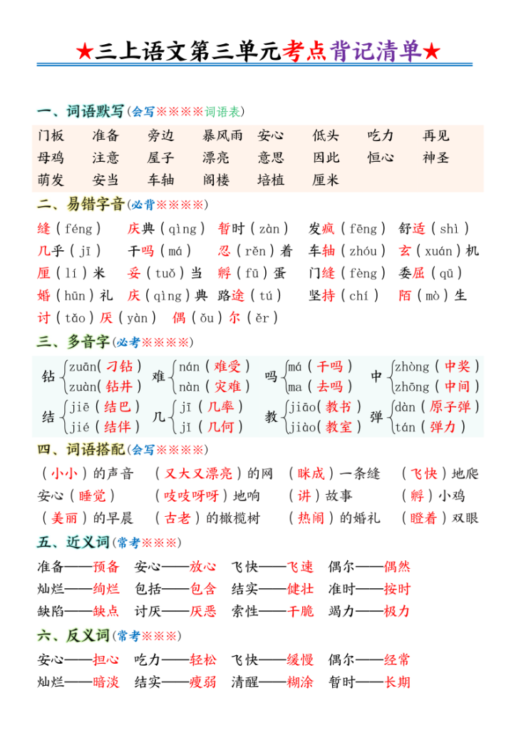 三年级上册语文第三单元考点背记清单-宝库盒教辅资料站
