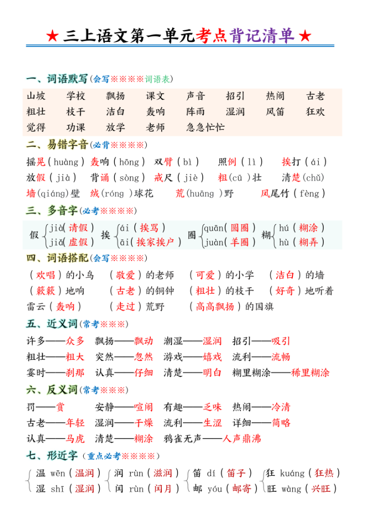 三年级上册语文第一单元考点背记清单-宝库盒教辅资料站