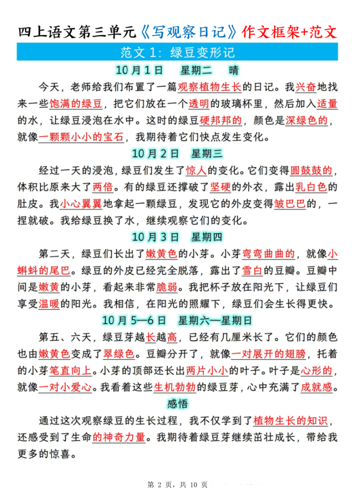 图片[2]-四上语文第三单元《写观察日记》作文支架＋优秀范文-宝库盒教辅资料站