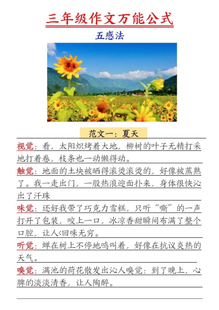 图片[2]-三年级作文万能公式五感法-宝库盒教辅资料站