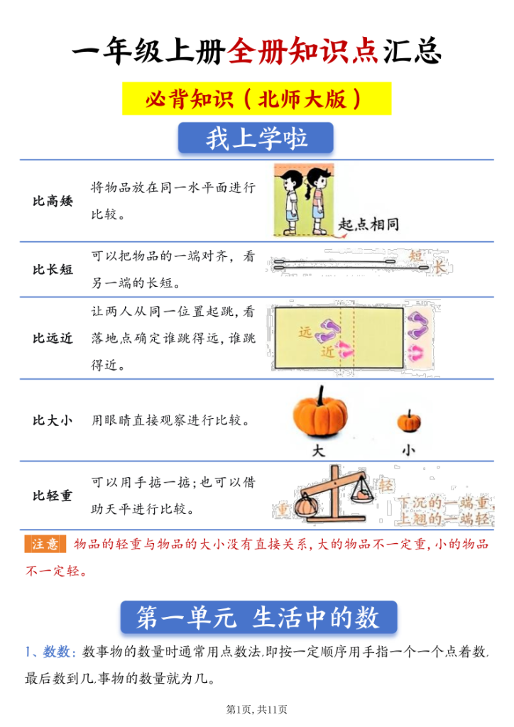 一年级上册数学全册知识点汇总必备知识（北师大版）-宝库盒教辅资料站