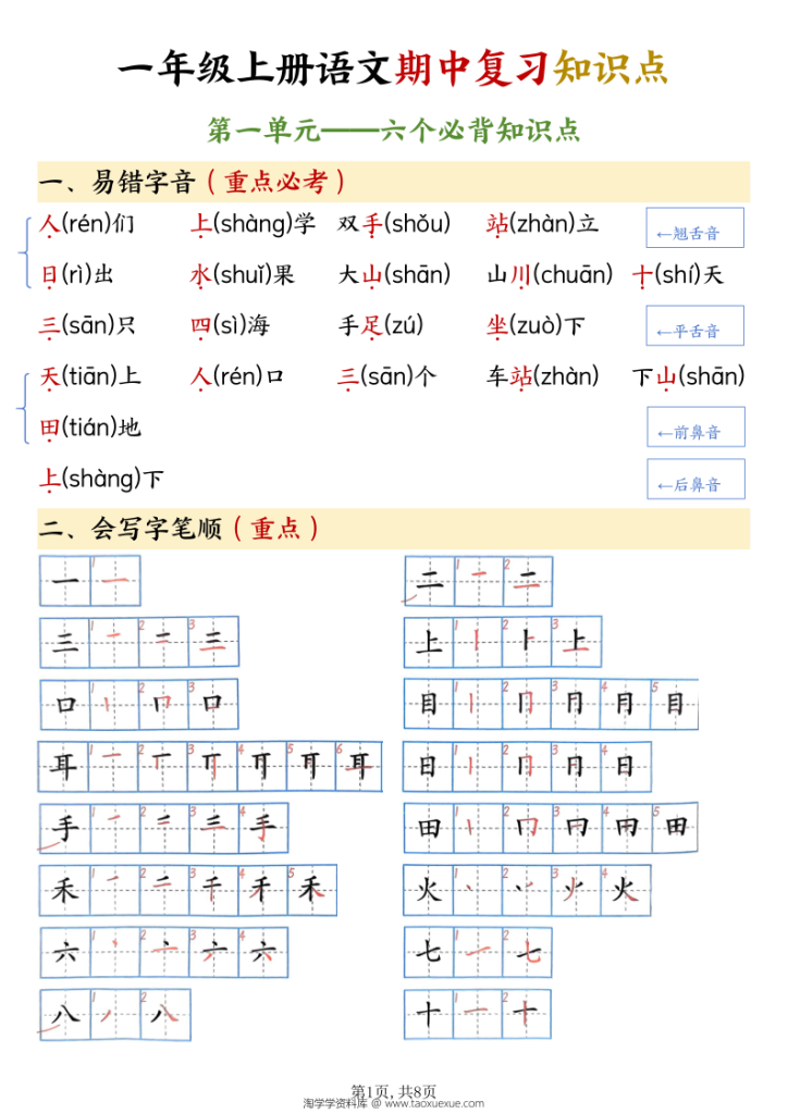 一年级上册语文期中复习知识点-宝库盒教辅资料站