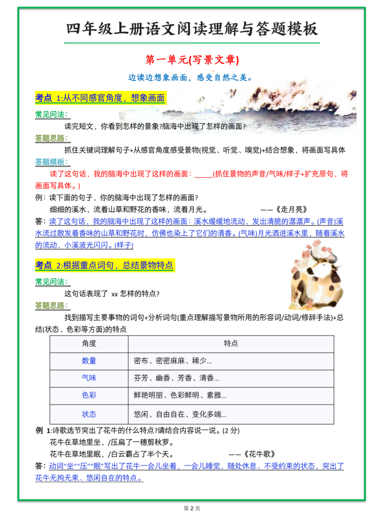 图片[2]-四年级上册语文阅读理解与答题模板（含答案）-宝库盒教辅资料站