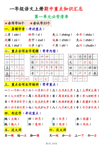 一年级（上）语文期中重点知识汇总-宝库盒教辅资料站