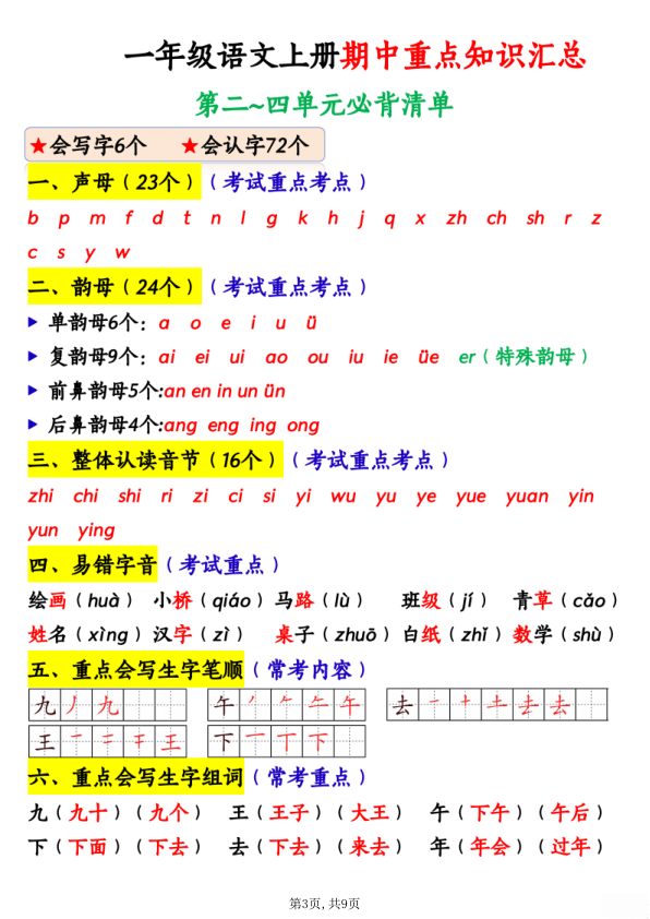 图片[3]-一年级（上）语文期中重点知识汇总-宝库盒教辅资料站