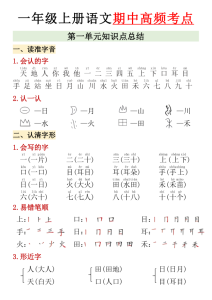 一年级上册语文1-4单元期中高频考点-宝库盒教辅资料站