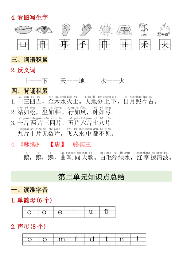 图片[2]-一年级上册语文1-4单元期中高频考点-宝库盒教辅资料站