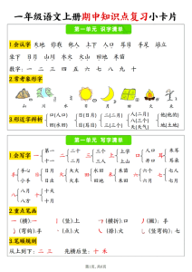 一年级语文上册1-4单元期中知识点复习小卡片-宝库盒教辅资料站
