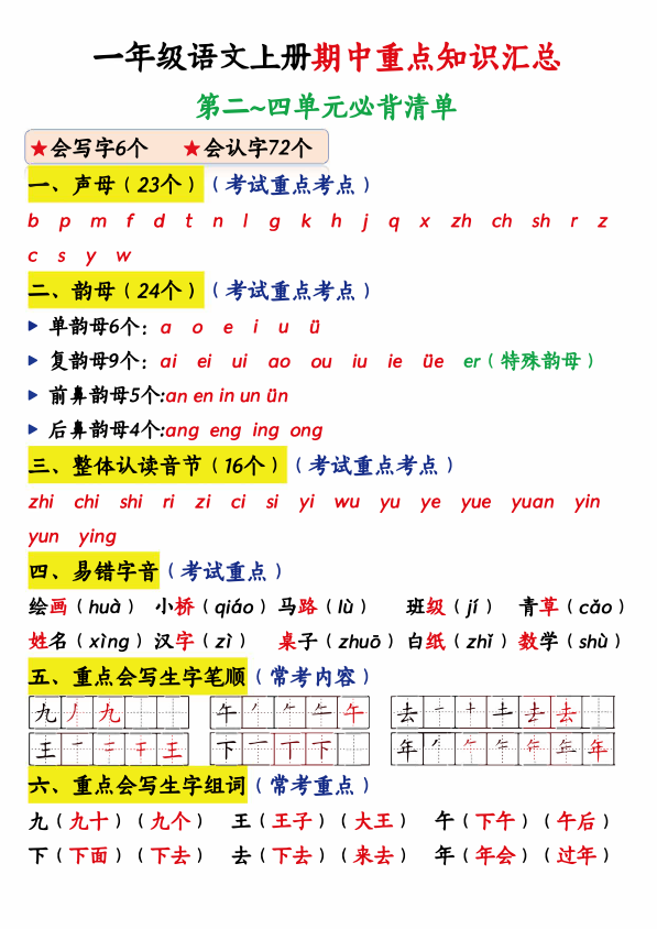 图片[3]-一年级语文上册期中重点知识汇总-宝库盒教辅资料站