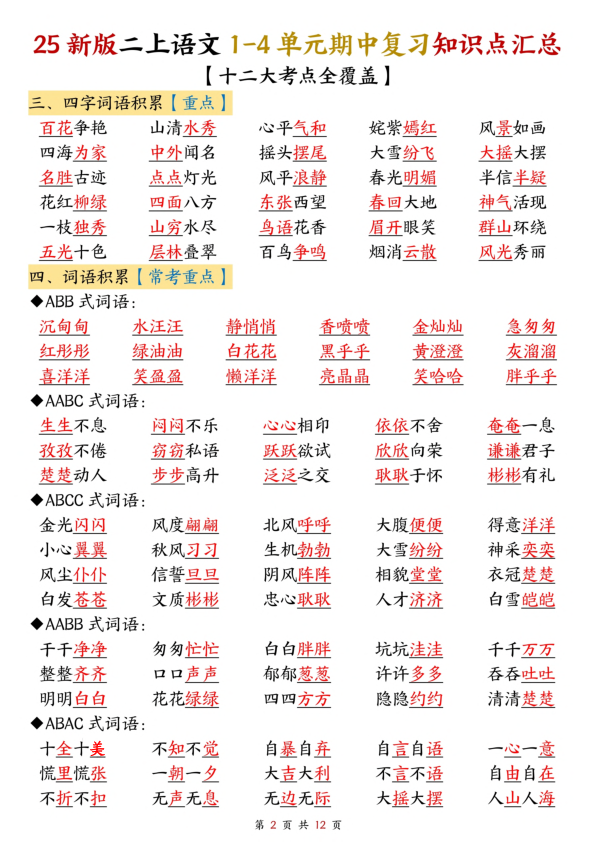 图片[2]-25新二上语文1-4单元期中复习知识点汇总（十二大考点）-宝库盒教辅资料站