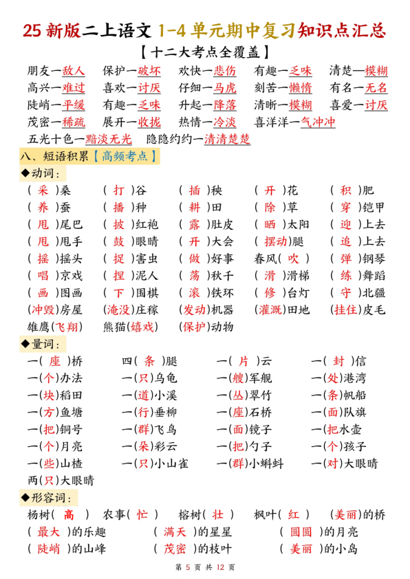 图片[5]-25新二年级上册语文1-4单元期中复习知识点汇总（十二大考点）-宝库盒教辅资料站