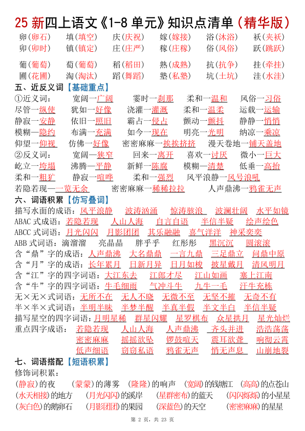 图片[2]-25新四上语文1-8单元知识点清单（精华版）九大核心考点-宝库盒教辅资料站