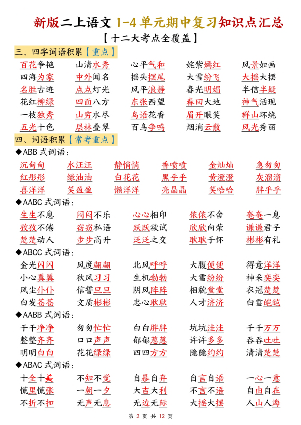 图片[2]-二年级上册语文1-4单元期中复习知识点汇总（十二大考点）-宝库盒教辅资料站