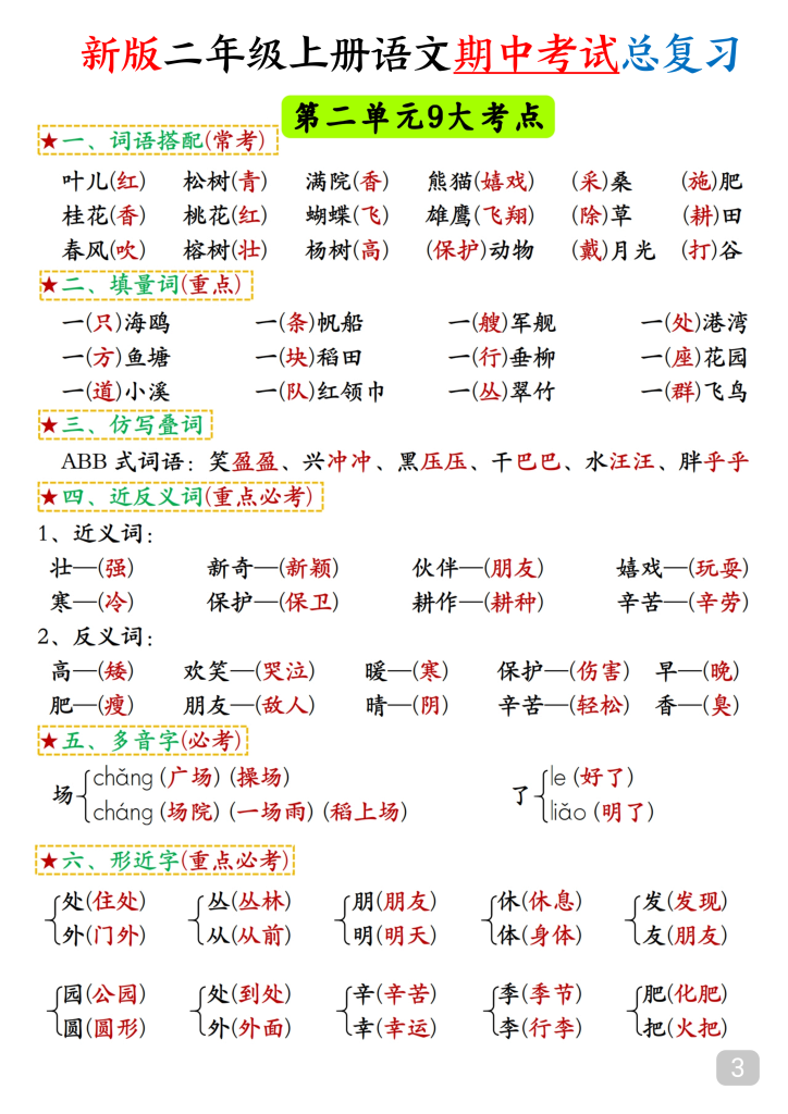图片[3]-二年级上册语文期中考试总复习高频考点汇总-宝库盒教辅资料站