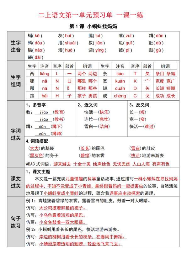 二年级上册语文一到四单元预习单一课一练-宝库盒教辅资料站