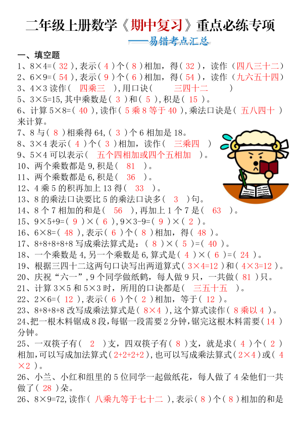 二年级上册数学期中复习重点必练专项易错考点汇总（苏教版）-宝库盒教辅资料站