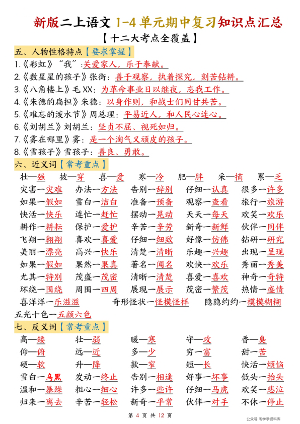 图片[4]-二年级上册语文1-4单元期中复习知识点汇总（十二大考点）-宝库盒教辅资料站