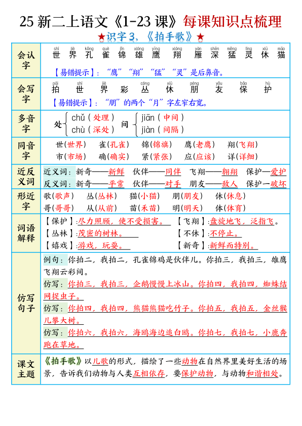 图片[6]-二年级上册语文1-23课每课知识点梳理-宝库盒教辅资料站