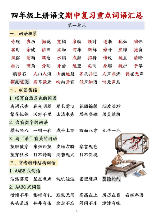 四年级上册语文期中复习重点词语汇总-宝库盒教辅资料站