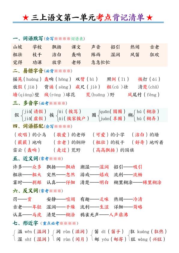 三年级上册语文全册单元考点背记清单-宝库盒教辅资料站