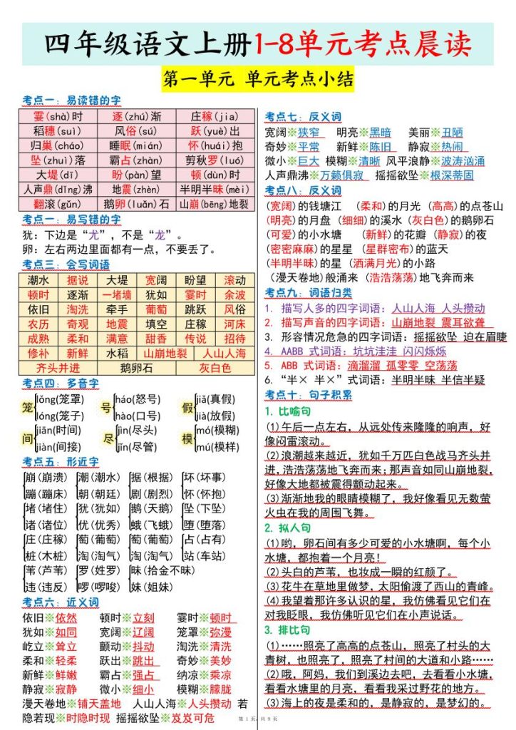四年级上册语文1-8单元考点晨读-宝库盒教辅资料站