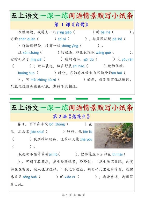 五年级上册语文一课一练词语情景默写小纸条-宝库盒教辅资料站