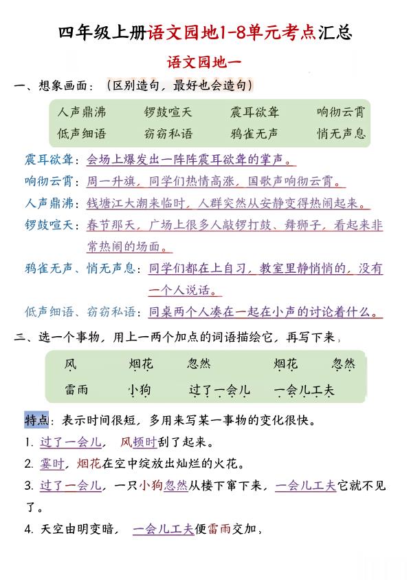 四年级上册语文园地1-8单元考点汇总-宝库盒教辅资料站