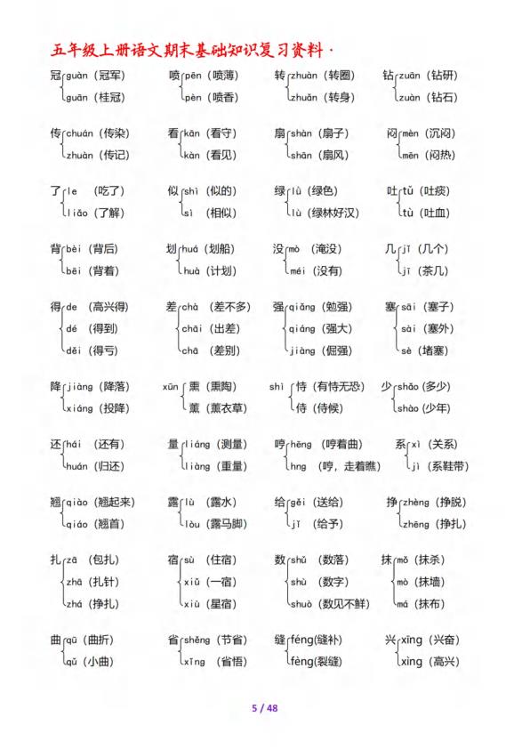 图片[6]-五年级上册语文期末全套基础知识复习资料-宝库盒教辅资料站