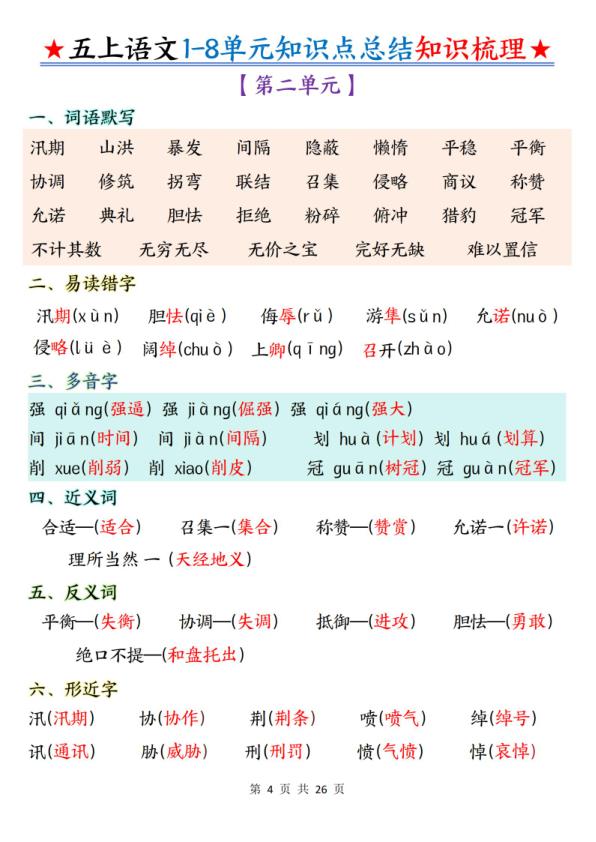 图片[4]-五年级上册语文1-8单元知识点总结知识梳理-宝库盒教辅资料站