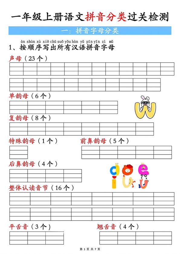 一年级上册语文汉语拼音分类过关检测（含答案）-宝库盒教辅资料站