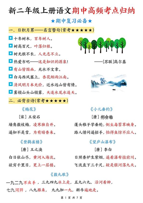 25秋二年级上册语文期中高频考点归纳-宝库盒教辅资料站