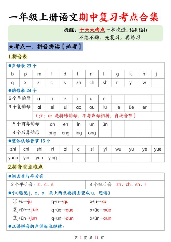 一年级上册语文期中复习考点合集-宝库盒教辅资料站