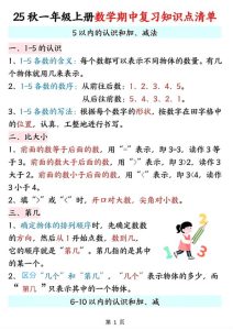 25秋一年级上册数学全册重点知识点清单-宝库盒教辅资料站