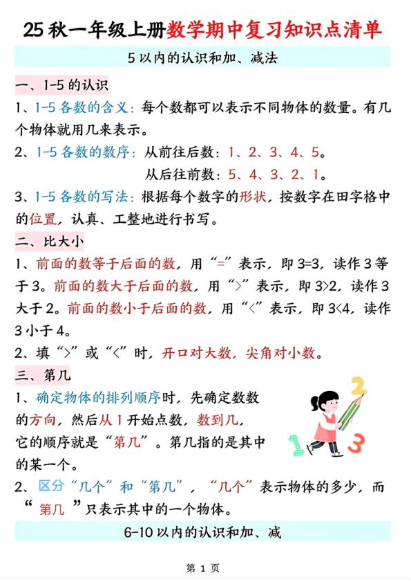 25秋一年级上册数学全册重点知识点清单-宝库盒教辅资料站